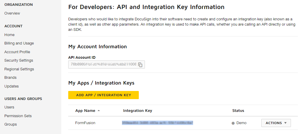 API and Keys page in DocuSign showing an App Name of "FormFusion" next to its assigned integration key.